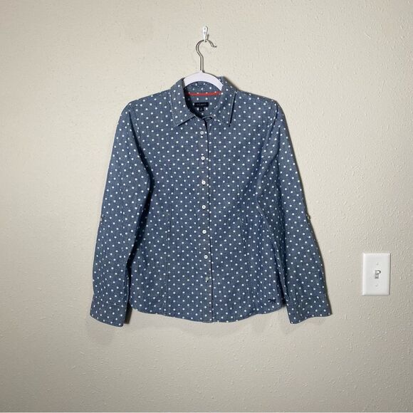 Talbots Blue Chambray White Polka Dot Button Up Top Women's Size 8 - Picture 14 of 14